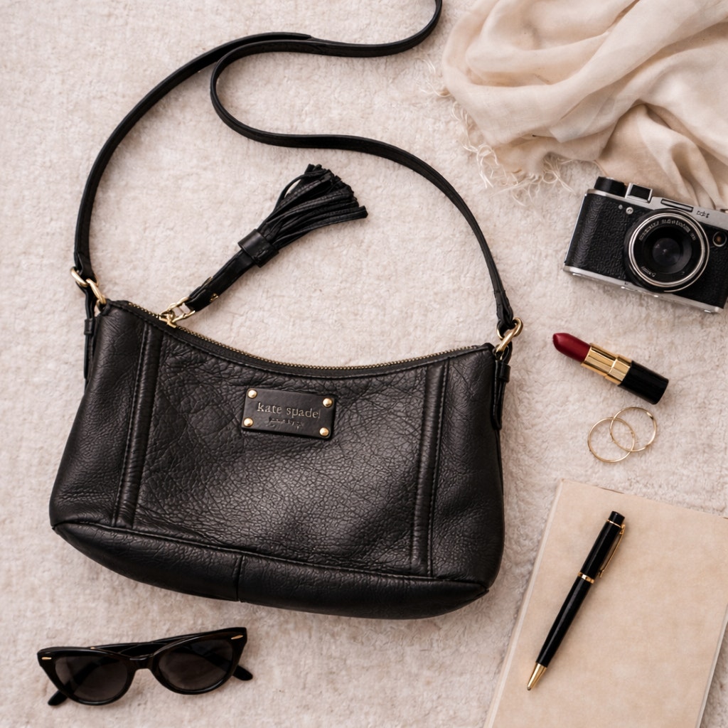 Kate Spade Black Leather Crossbody Bag Classic Minimalist Everyday Crossbody